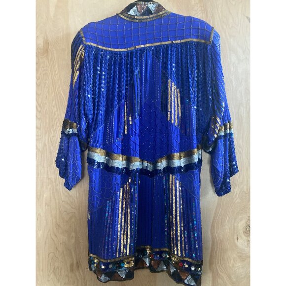 Vintage 1980s Sequin Beaded Duster Kimono Open Front Jacket Frank Usher Style - Picture 7 of 15